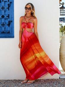 Vivid Eden 女士露背吊带镂空A字印花休闲度假连衣裙 - 粉色 - 查看 5