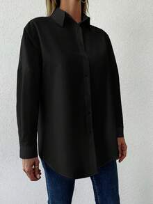 Cloudara Camisa unicolor de hombros caídos - Negro - Ver 5