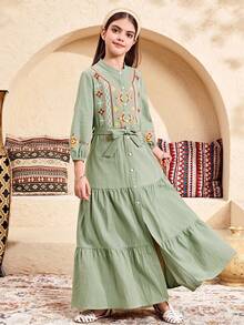 SHEIN 少女纯色领印花休闲连衣裙 - 綠色 - 查看 5