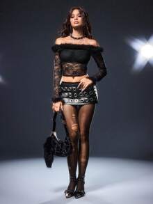 ROMWE Avant Spring/Summer Carnival Party Casual Black Holiday Party Sexy Metallic Studded Super Low Waist Mini Shorts - Black - View 2