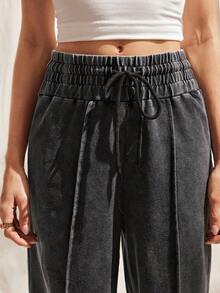 Easelle 女式高腰宽松喇叭运动裤（仿旧黑灰色），秋冬款 - 黑色 - 查看 4