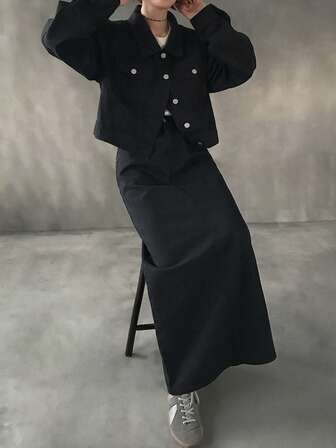 FRIFUL Women's Long Sleeve Single-Breasted Pocket Denim Jacket And Denim Mini Skirt Casual Suit