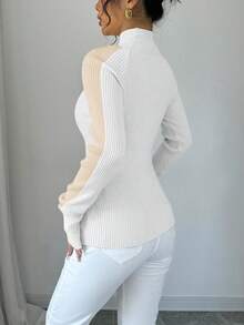 RosyDaze Contrast Color Collar Raglan Sleeve Slim Fit Basic Tee High Neck Top Ribbed Top Tight Tops Women's Turtleneck Mock Neck Top - White - View 2