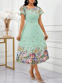 SHEIN Lady 春夏休闲圆领喇叭袖荷叶边中长短袖连衣裙度假装女装沙滩装女装度假装女装沙滩度假装沙滩婚礼宾客连衣裙吊带裙褶皱白色粉色花卉女装春季邮轮服装女装长裙生日及活动连衣裙/办公室连衣裙/教堂连衣裙/婚纱/节日连衣裙/波西米亚风女装； - 綠色 - 查看 5