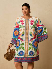 Travachic 大码女式紫红色热带花卉印花连衣裙，中长袖连衣裙，秋季连衣裙，大码圆领短款连衣裙，露背系带连衣裙，罩衫连衣裙 - 彩色 - 查看 5