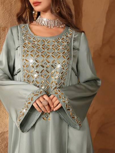 Al Najma رمضان فستان نسائي على الطراز العربي مزين بالترتر والخرز