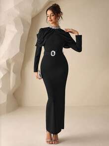 Coutiva Women's Elegant Crystal Embellished Formal Evening Gown,Black High Neck Rhinestone Collar Long Sleeve Maxi Dress For Wedding Guest,Gala & Party - Black - View 5