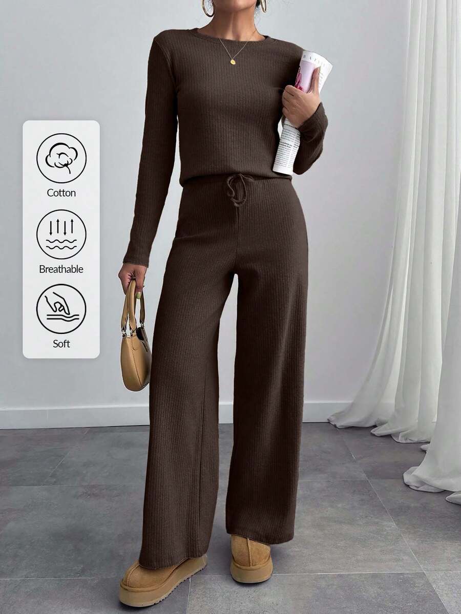 EURMUSE Women 2 Piece Casual Long Sleeve Top And Pants Set - Brown - View 1