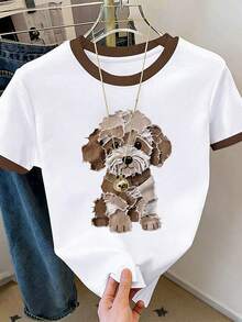 Resyla 女士卡通狗印花短袖休闲圆领T恤 - 白色 - 查看 1