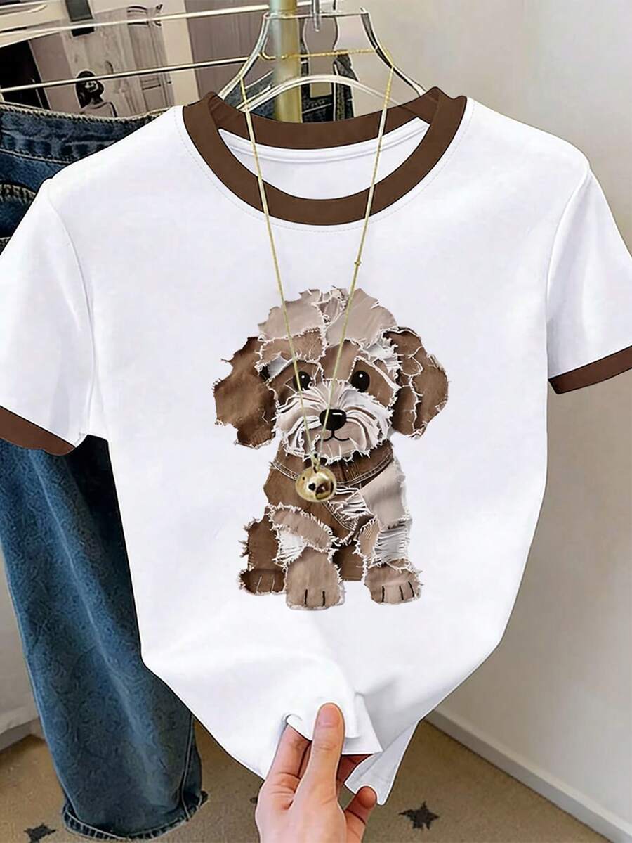 Resyla 女士卡通狗印花短袖休闲圆领T恤 - 白色 - 查看 1