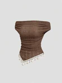 Sweetra 女士新款设计感高街优雅叠层复古纹理流苏简约修身短款不对称棕色T恤上衣，春夏款 - 棕色 - 查看 7