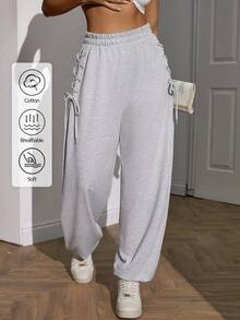 EURMUSE Woman Oversize Loose Fit Casual Sweatpants Side Eyelet And Drawstring Detailed