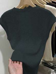 SHEIN Áo dệt kim tay ngắn cổ chữ U màu trơn dành cho nữ năm 2025, hàng mới về mùa xuân/hè. - Màu xám đen - Xem 2