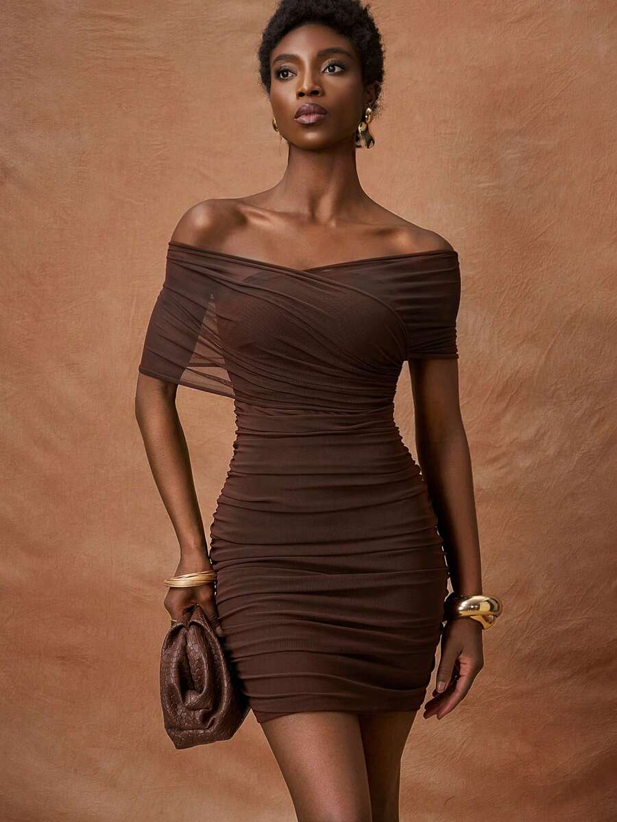 Zivah 2026 Spring/Summer New Valentine's Day, Music Festival, Easter, Western, Boho, Nashville Party, Wedding, Evening, Date, Gathering Off Shoulder Side Ruched Sheer Mesh Fabric Lined Bodycon Mini Dress - Rust Brown - View 1