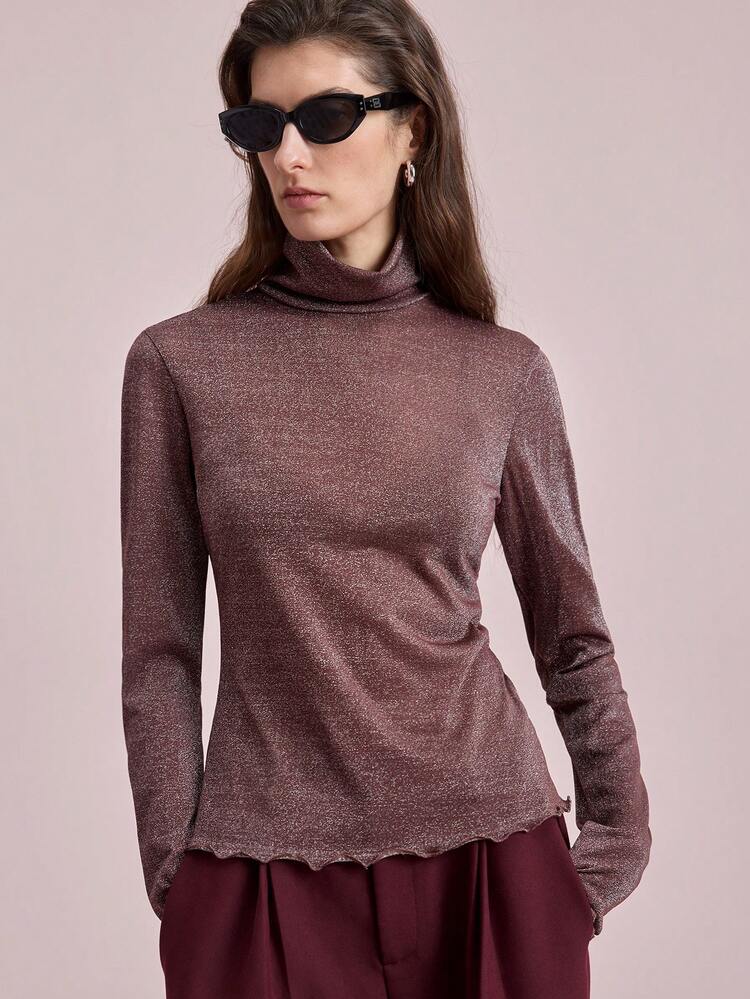 Women's Shiny Metallic Turtleneck Long Sleeve Fitted Top, Elegant Office/Business Casual Wear, Suitable For Commuting, Party, Dating, Summer