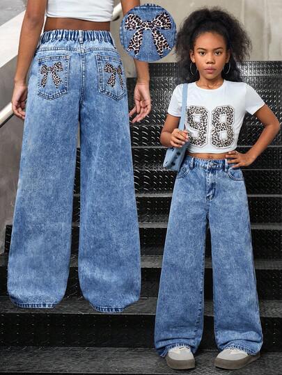 SHEIN Tween Girls Vintage 90s Leopard Print Loose Pocket Casual Low Rised Jeans Versatile Denim Wide Leg Jeans Y2k,Teacher Outfits For Girl,Back To School Outfits Girls,Church Dress,Business Casual Outfits Girl,Cargo Denim Jeans Dress,Girls Fall Winter Baggy Pants,High-Waisted Long Wide Leg Denim Jeans With All Over Leopard Print For Teens,Teen Girls Brown Leopard Print Wide Leg Denim Jeans For Streetwear Style
