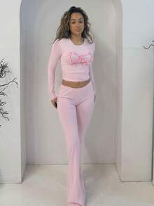 RebeccaVibe Fuchsia Bowknot Decor Fitted T-Shirt And Bell-Bottom Pants 2pcs Set Women 2 Pieces Lounge Set Long Sleeve Two Pieces Set Women Loungewear Set - Pink - View 3
