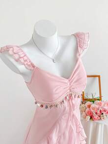 Comfortcana Đầm cưới dài thanh lịch dành cho nữ với viền xếp ly màu hồng và họa tiết ghép mảnh. - Hồng - Xem 4