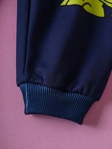 Nick 90s | SHEIN Baby Boy Cartoon Figure Graphic Colorblock Sweatshirt And Navy Blue Dog Dinosaur Print Sweatpants 2-Piece Set, Suitable For Autumn/Winter Fall - Navy Blue - View 7