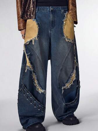 Street Life Jeans azul oscuro de corte curvo con parches de estilo punk resistente para hombres