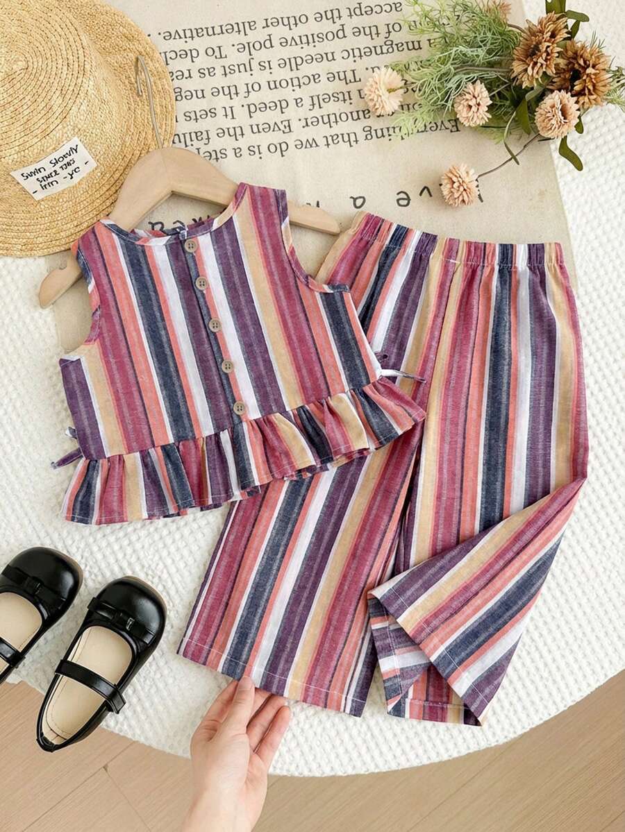 SHEIN LMoss Kids 2pcs Baby Girl Woven Striped Crew Neck Top And Loose Casual Pants Set - Multicolor - View 1