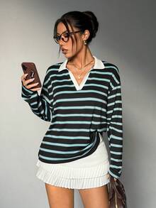 Dewbera Women's Striped V-Neck Loose Fit Long Sleeve Polo Shirt, Casual Sports Wear For Daily, All Season 70s Outfit Women Jumper For Woman Casual Tops Women Women's Golf Tops Double Lined Top Long Sleeve Tops Loose Tops - Multicolor - View 3