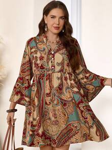 EMERY ROSE Sukienka damska w stylu retro z nadrukiem paisley i rękawami 3/4, w rozmiarze plus size, na wczesną wiosnę