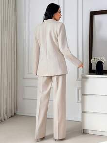 EURMUSE Women Two Pieces Outfits Blazer And Wide Leg Pant Suit Sets - Beige - View 2
