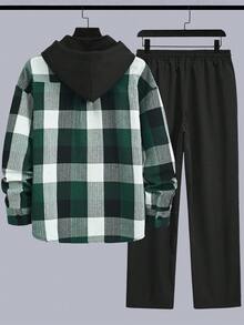 Manfinity CasualCool 男士时尚简约格纹抽绳连帽外套和裤子休闲套装 - 墨綠色 - 查看 2