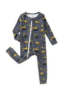 Baby Boys Blue Cartoon Excavator Print Long Sleeve Snug Fit One-Piece Pajamas