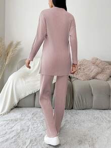 EURMUSE Conjunto de 2 piezas de algodón con top y pantalones de unicolor y diseño sencillo - Rosa Pálido - Ver 2