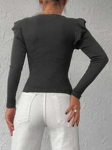 EURMUSE Camiseta de punto acanalado con ribete de volantes 95% algodón - Gris - Ver 2