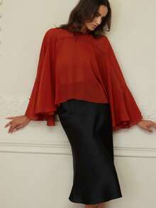 Revavyn Red-Brown Mandarin Collar Ruffle Sleeve Top, Graceful Vintage Style, Suitable For Daily Casual Wear - Red - View 6