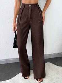 SHEIN Tall 高个子女士纯色斜口袋直筒裤 - 棕色 - 查看 5