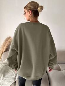 EURMUSE Letter Graphic Casual Loose Fit Crew Neck Long Sleeve Hoodie For Women - Army Green - View 2