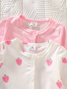 SHEIN 两件套新生女宝宝服装，舒适可爱的草莓印花长袖连体衣，柔软弹力针织面料，全开襟按扣设计，适合春秋季穿着，0-9个月，粉色和白色 - 淺粉色 - 查看 3