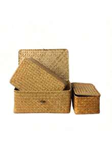 1pc Covered Woven Basket, Willow Storage Box, Rectangular Storage Box, Toy Storage Box, Suitable For Decorating Rooms, Halls, Kitchens, Bathrooms, Bedrooms With Beautiful Appearance - Brown - View 4