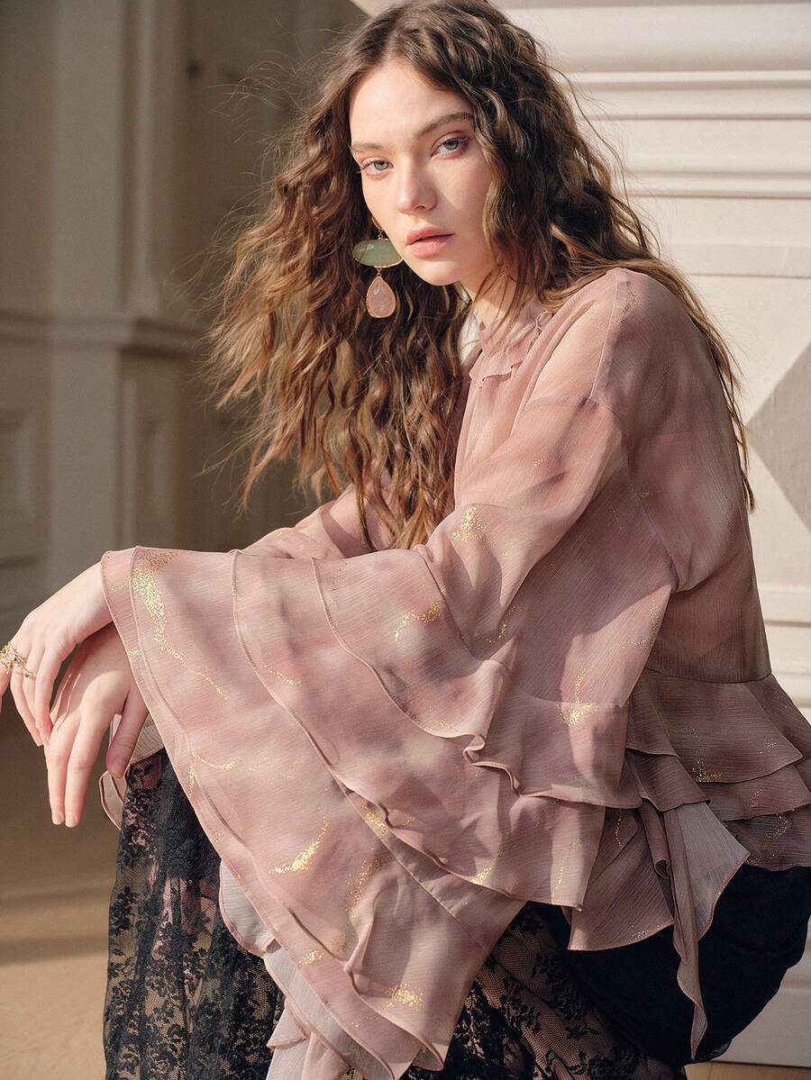 Savoree Spring Ruffled Collar Long Sleeve Loose Pink Blouse, Elegant Romantic Women Casual Outerwear Top - Pink - View 1