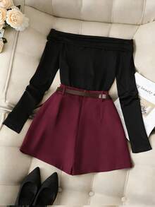 Franclia 休闲时尚通勤百搭黑色单肩褶皱长袖上衣搭配卡其色短裤/半裙（含腰带），女士两件套套装，春秋季 - 中紫紅色 - 查看 2