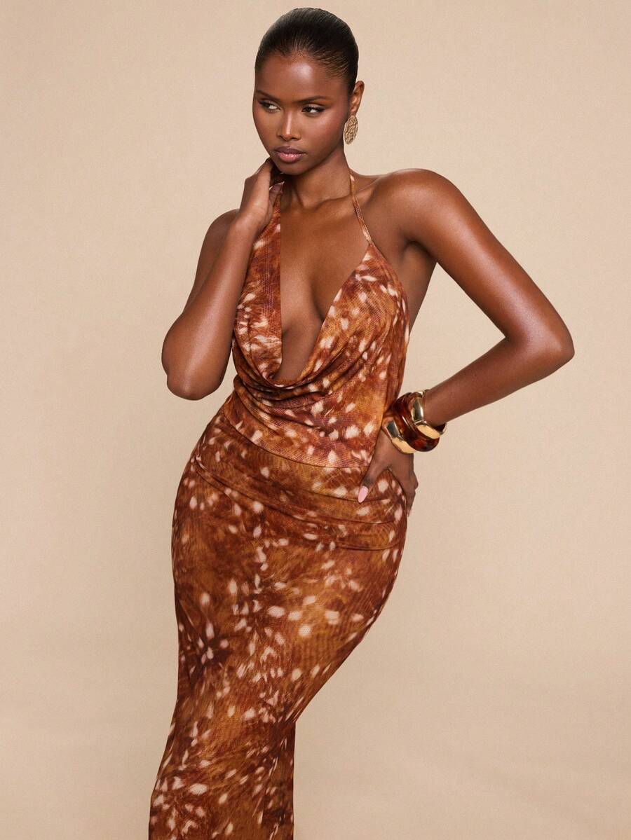 SHEIN BAE Đầm nữ màu nâu nhuộm tie-dye cổ bèo, dáng đuôi cá, thích hợp cho tiệc tùng, kỳ nghỉ, tiệc chiêu đãi, đám cưới, đi chơi tối, hẹn hò lãng mạn, mùa xuân/hè. - màu nâu - Xem 1