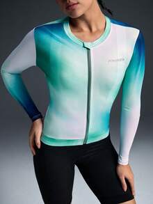 Powerista Women's Tie-Dye Print Fitted Long Sleeve Cycling Jersey - Green - View 5