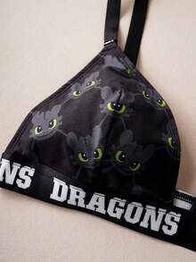 How to Train Your Dragon Women Cartoon Graphic Letter Tape Trim Low Back Bra And Panty Set - Black - View 5