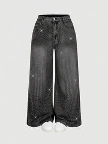 SHEIN MOD 大码时尚水洗做旧水钻装饰阔腿牛仔裤 - 黑色 - 查看 5