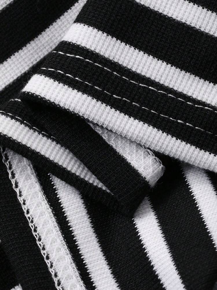 2pcs Toddler Boys' Round Neck Striped Korean Style Long Sleeve T-Shirt And Shorts Set, Spring/Summer