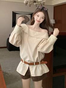 DAZY Blusa a maniche lunghe con spalla asimmetrica, stile coreano, colore unito, look femminile e fresco, scollo a spalla scoperta per donna - Albicocca - Visualizzare 5