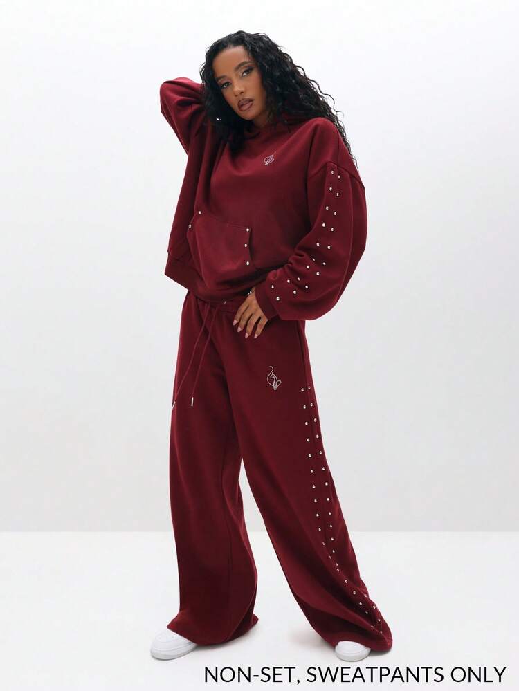 BABYPHAT Baggy Sweatpants With Stud Detail Drawstring Wide Leg Pants Relaxed Fit Loungewear Casual Streetwear