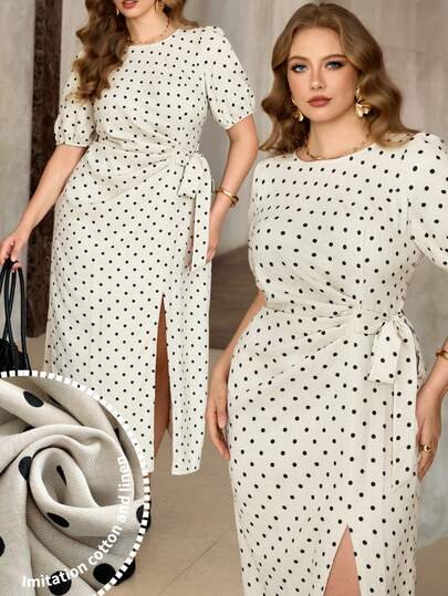 Roveilla Plus Size French Polka Dot Ruffle Tie Waist Split Hem Casual Dress, Spring/Summer