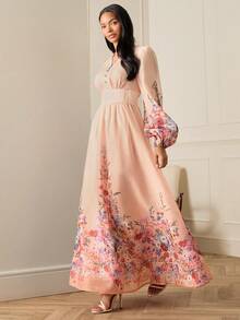 Lilora Elegantes hochwertiges, zart bedrucktes Maxikleid mit Blumenmuster für Frauen, mit Taillengürtel, V-Ausschnitt, Strass-Dekor, Rüschensaum und Puffärmeln