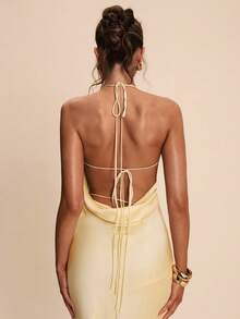 SHEIN BAE 奶油黄露背系带修身缎面鱼尾连衣裙，优雅适合早午餐、伴娘、派对、正式场合、生日、情人节等场合。 - 黃色 - 查看 5