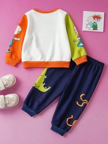 Nick 90s | SHEIN Baby Boy Cartoon Figure Graphic Colorblock Sweatshirt And Navy Blue Dog Dinosaur Print Sweatpants 2-Piece Set, Suitable For Autumn/Winter Fall - Navy Blue - View 10